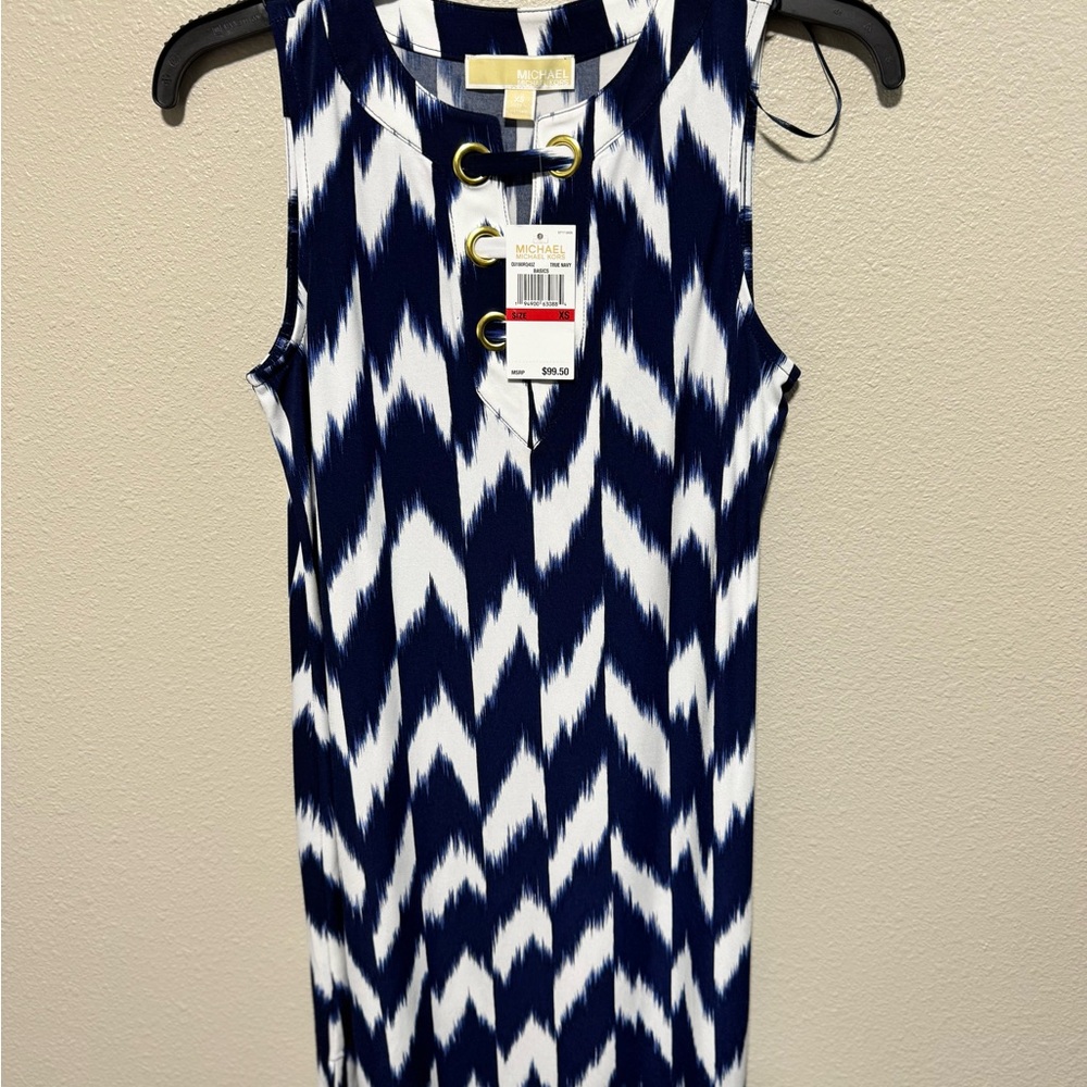 Michael Kors Navy and White Lace-Up Midi Dress
